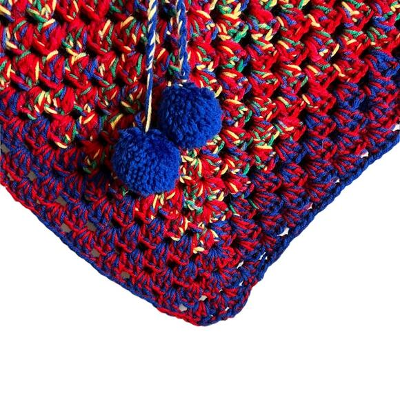 Handmade Vintage Poncho Kids Poncho Cape Drawstring Pom Pom Heavyweight Shawl - Picture 3 of 11